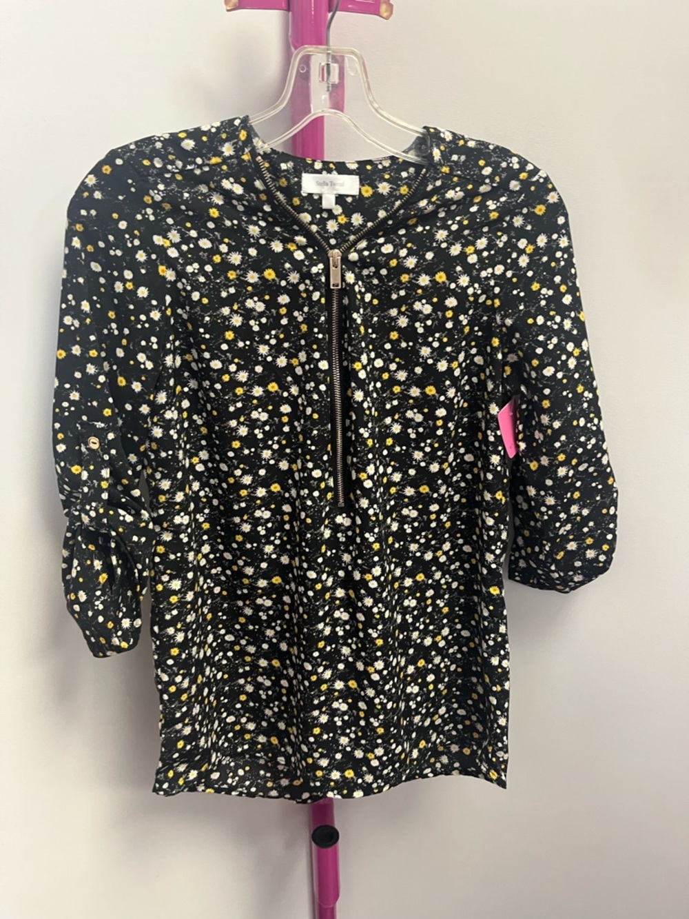Stella Tweed Black Floral Half-Zip Tunic with Yellow Accents